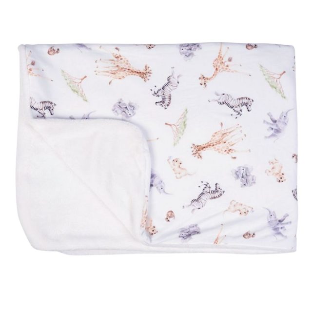 Little Wren 'Little Savannah' African Animal Baby Blanket Unfolded Wrendale Little Savannah baby blanket showing animal illustrations and soft reverse