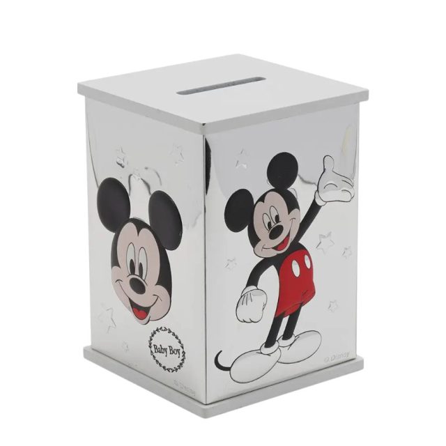 Side view of Disney Mickey Mouse silver plated money bank with coin slot on top and character graphics