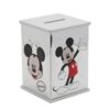 Side view of Disney Mickey Mouse silver plated money bank with coin slot on top and character graphics