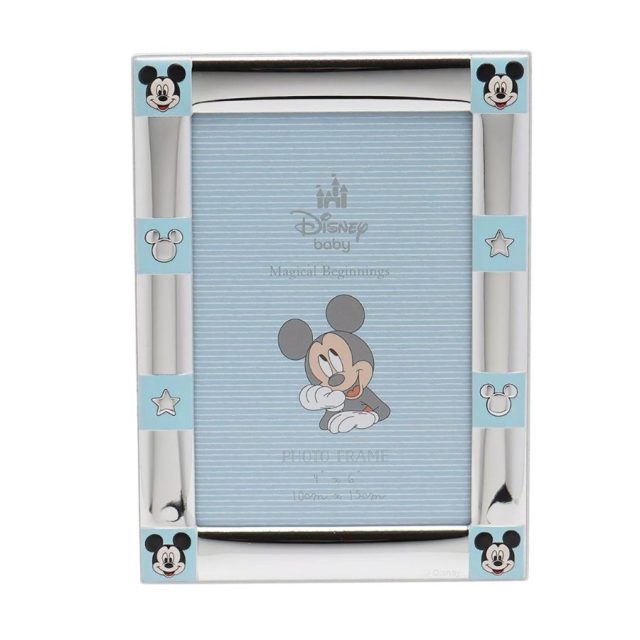 Close-up front view of Disney Mickey Mouse silver plated photo frame with decorative blue and white border