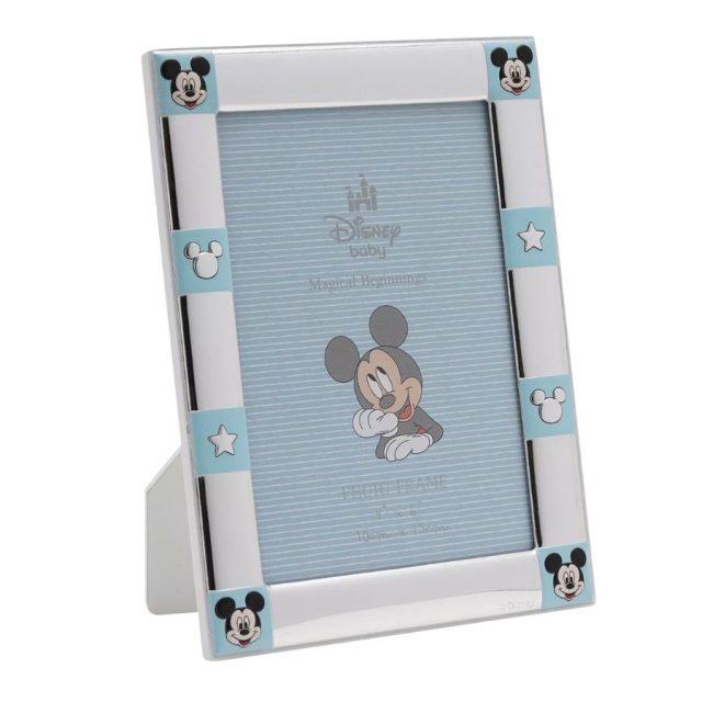 Front view of Disney 4 x 6 Mickey Mouse silver plated photo frame with blue and white accents