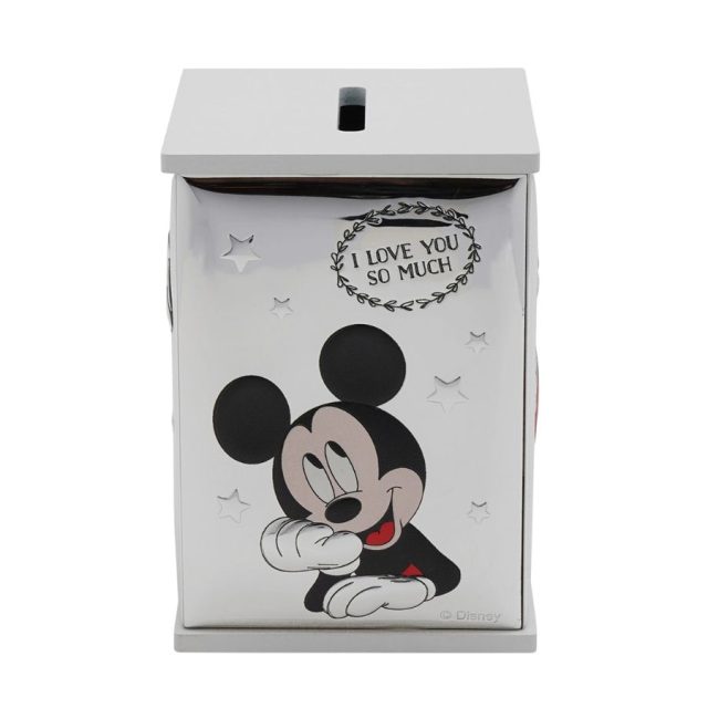 Front close-up of Disney Mickey Mouse silver plating money bank featuring 'I love you so much' text detail