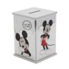 Disney Mickey Mouse money bank with silver plating and playful illustrations on white wooden base