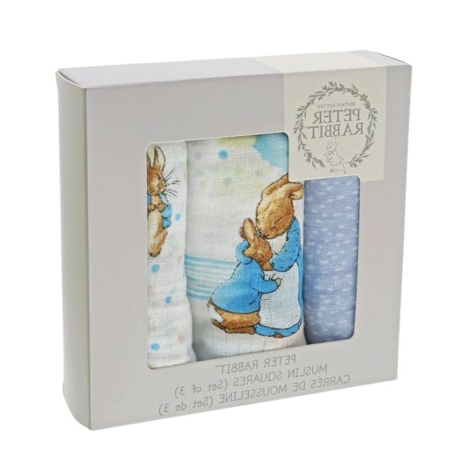 Pack of three Peter Rabbit baby muslin squares in branded packaging