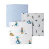Set of three folded Peter Rabbit baby muslin squares in various character prints