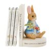 Side view of Peter Rabbit book stop supporting multiple books on a shelf
