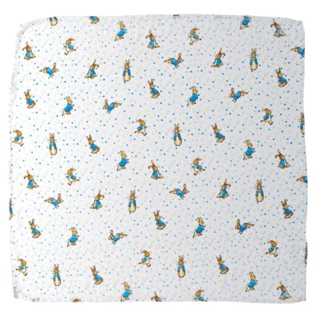White muslin square with small scattered Peter Rabbit illustrations and blue dots