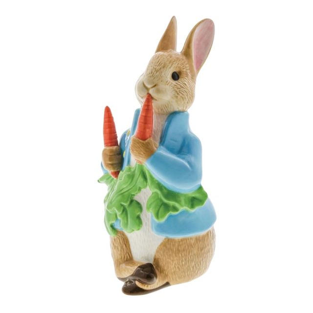 Peter Rabbit with Radishes Porcelain Figurine - Limited Edition Side view of Peter Rabbit porcelain figurine holding radishes in blue jacket