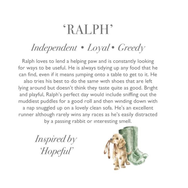 'Ralph' Labrador Character 'Ralph' character description tag showcasing traits and inspiration of the Labrador plush