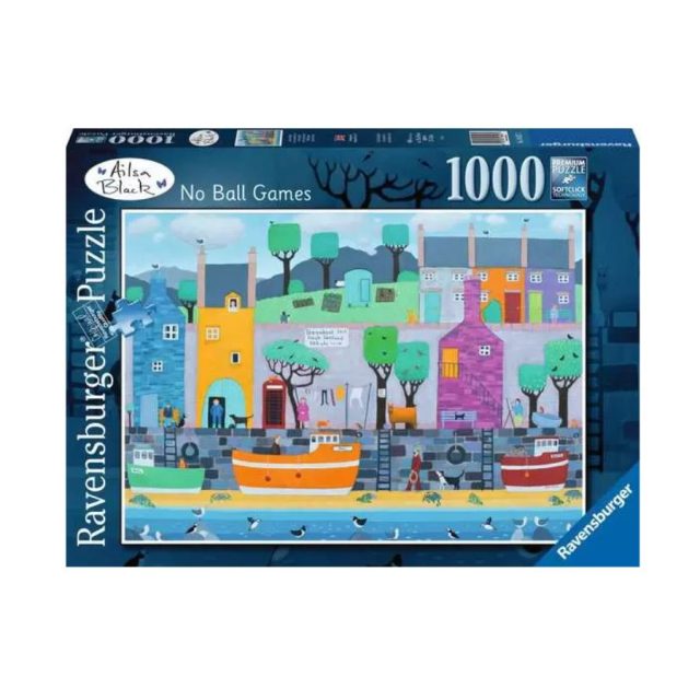 Ravensburger No Ball Games 1000 piece jigsaw puzzle box showing colourful fishing village scene