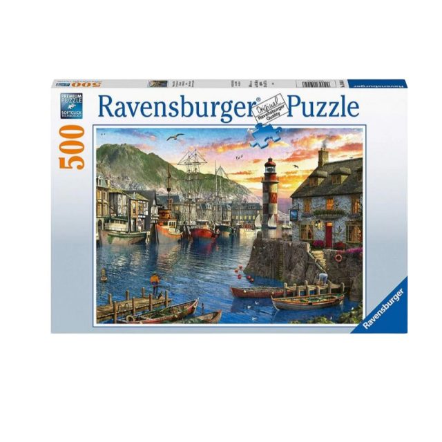Ravensburger Sunrise at the Port 500 piece jigsaw puzzle box with harbour scene