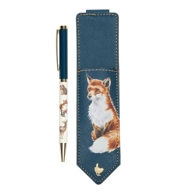 Wrendale navy pen pouch with fox illustration alongside ballpoint pen with woodland animal motifs
