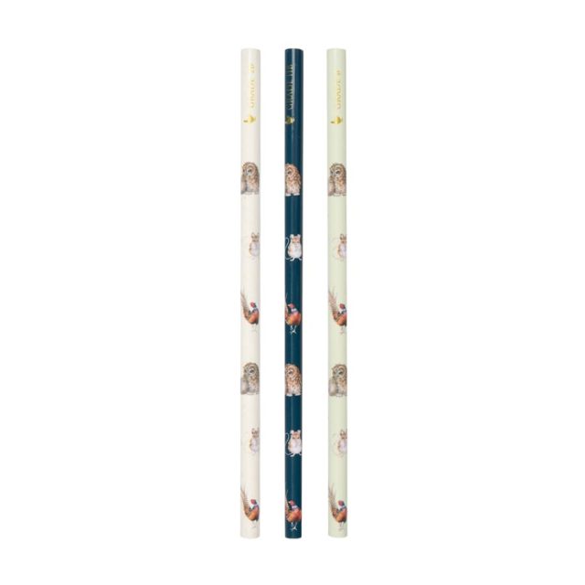 Three Wrendale Signature Stationery pencils showing owl, mouse and robin on coloured backgrounds