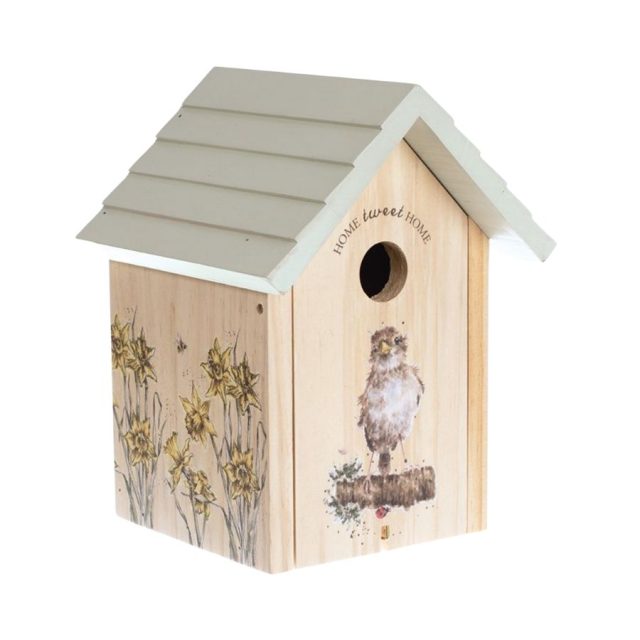 Wrendale Sparrow Bird House with sparrow and daffodil design and grey roof