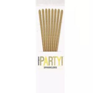 Pack of eight 7 inch gold glitter party candle sparklers in white packaging