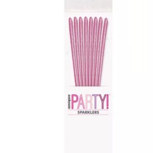 Pack of eight 7 inch pink glitter candle sparklers in white packaging with party text