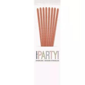Pack of eight 7 inch rose gold party candle sparklers in clear packaging