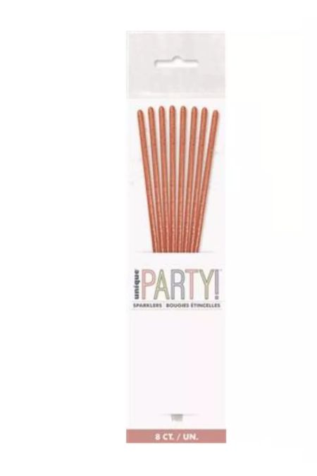 Pack of eight 7 inch rose gold party candle sparklers in clear packaging