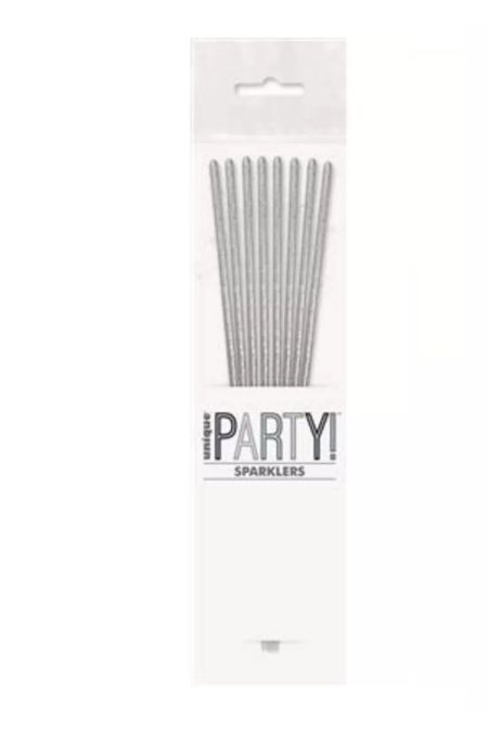 Pack of 8 silver glitz party candle sparklers in clear packaging