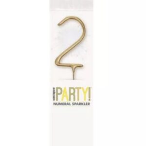 Gold coloured number 2 sparkler with a stick for party cakes or celebrations