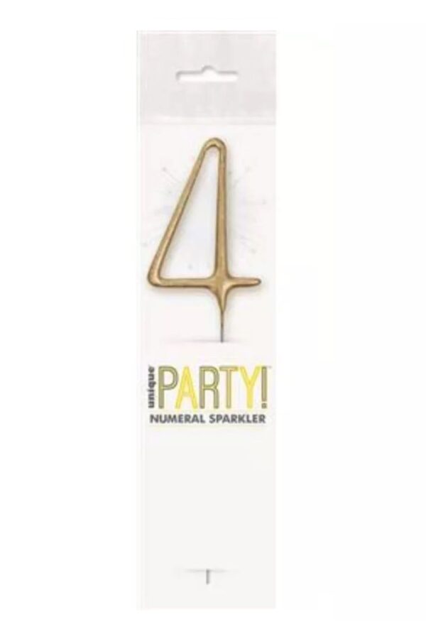 Unique Party Gold 4 Gold numeral 4 sparkler in 7 inch size with party packaging