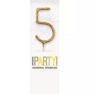 Gold coloured number 5 sparkler in branded packaging for parties