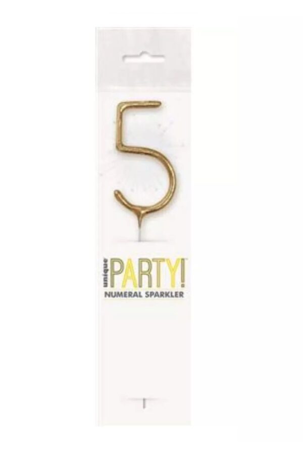 Gold coloured number 5 sparkler in branded packaging for parties