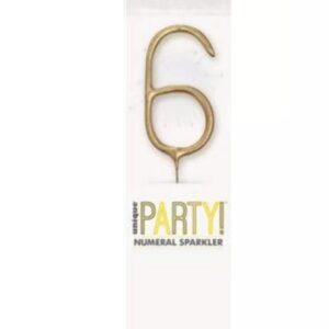 7 inch gold sparkler shaped as number 6 in packaging
