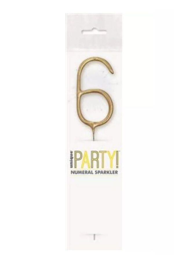Unique Party Gold 6 7 inch gold sparkler shaped as number 6 in packaging