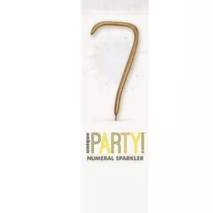 Gold coloured number 7 shaped sparkler on white backing card