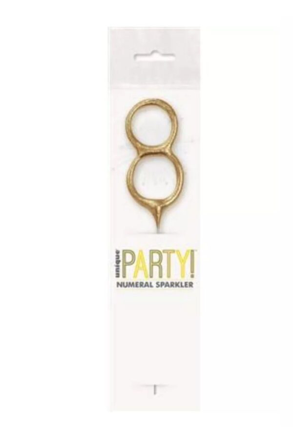 7 inch gold glitter numeral 8 sparkler in clear packaging