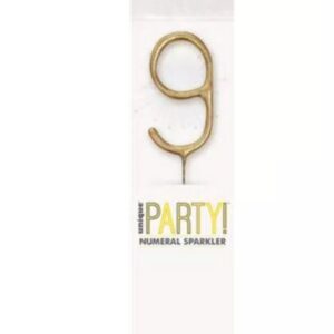 7 inch gold sparkler shaped as number 9 in clear packaging