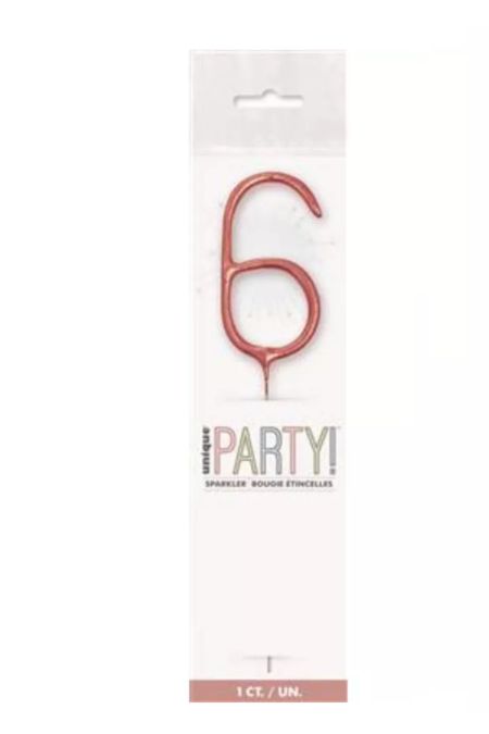 Unique Party Rose Gold 6 Rose gold number 6 sparkler with glitz finish in packaging