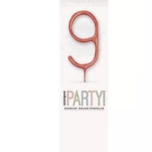 7 inch rose gold glitz sparkler shaped as the number 9 in clear packaging
