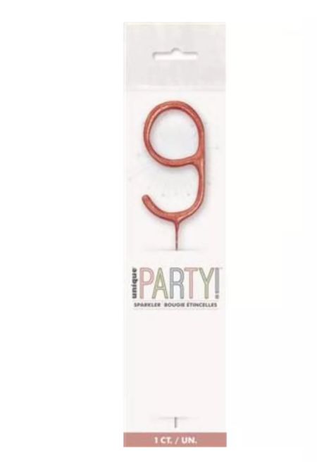 7 inch rose gold glitz sparkler shaped as the number 9 in clear packaging