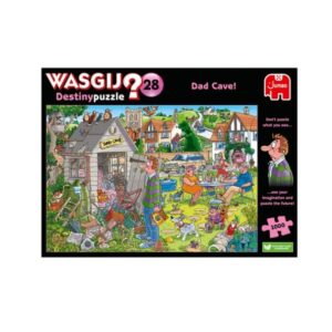 Wasgij Destiny 28 Dad Cave puzzle box featuring colourful cartoon backyard scene