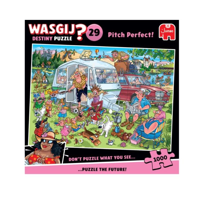 Wasgij Destiny 29 Pitch Perfect puzzle box featuring colourful cartoon camping scene with characters and a caravan