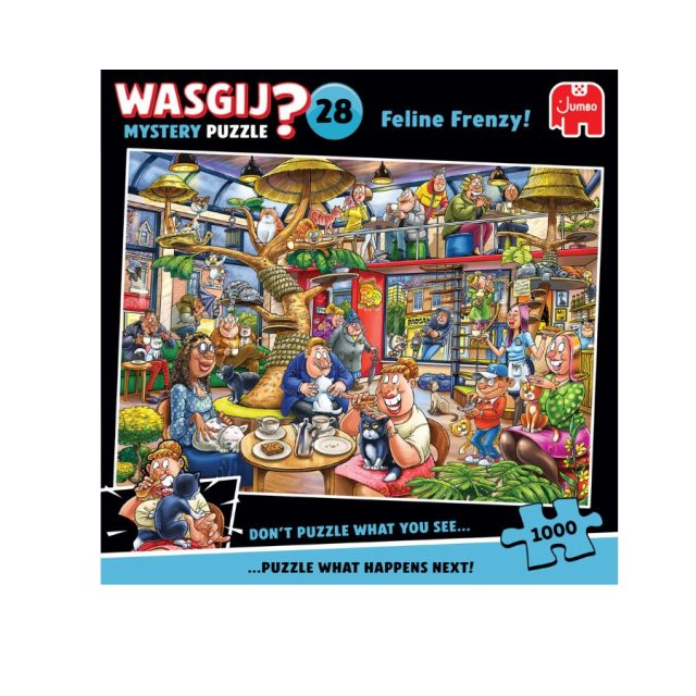 Wasgij Mystery 28 - Feline Frenzy! Wasgij Mystery 28 Feline Frenzy puzzle box showing cartoon cafe scene with cats and people