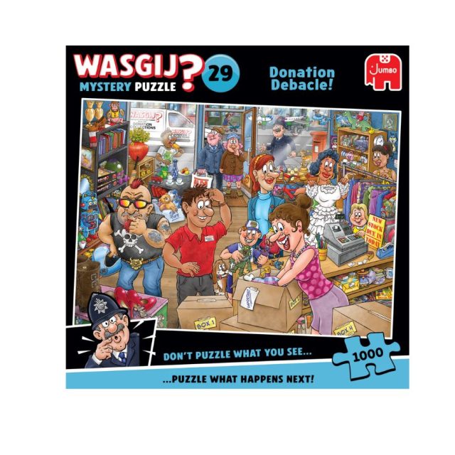 Wasgij Mystery 29 - Donation Debacle! Front cover of Wasgij Mystery 29 Donation Debacle puzzle showing colourful charity shop scene with busy characters