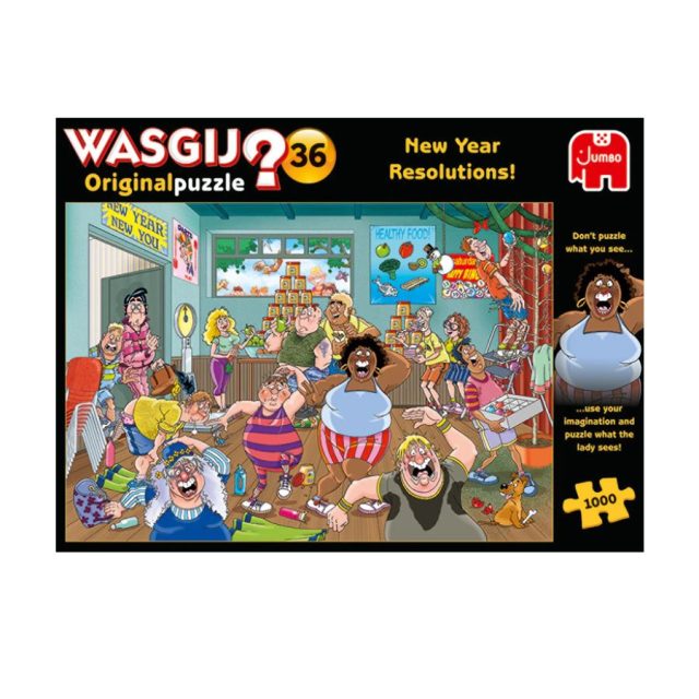 Wasgij Original 36 - New Year Resolutions! Wasgij Original 36 New Year Resolutions 1000 piece jigsaw puzzle box with cartoon characters
