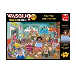Wasgij Original 36 New Year Resolutions 1000 piece jigsaw puzzle box with cartoon characters