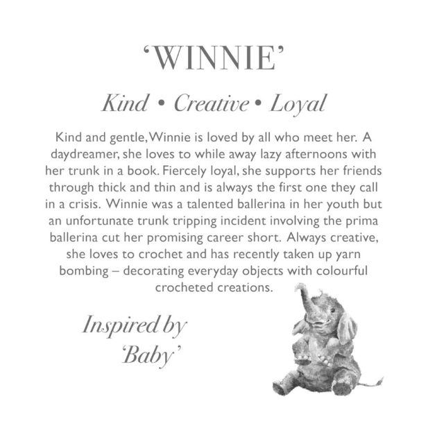 Wrendale Winnie character story tag featuring description and small elephant illustration