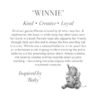 Wrendale Winnie character story tag featuring description and small elephant illustration