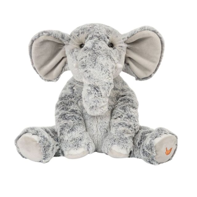 Soft grey Wrendale Winnie elephant plush toy with embroidered wren on foot