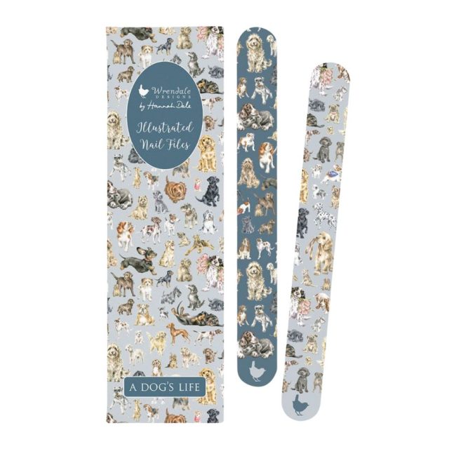 Wrendale 'A Dog's Life' dog nail file set with two illustrated files and patterned pouch