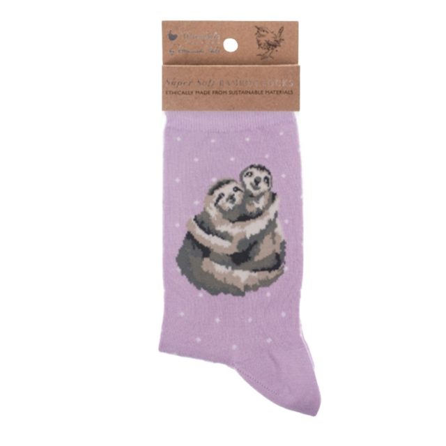 Lilac Wrendale Big Hugs Sloth Socks showing hugging sloth design