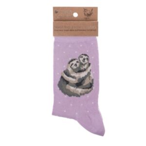 Lilac Wrendale Big Hugs Sloth Socks showing hugging sloth design
