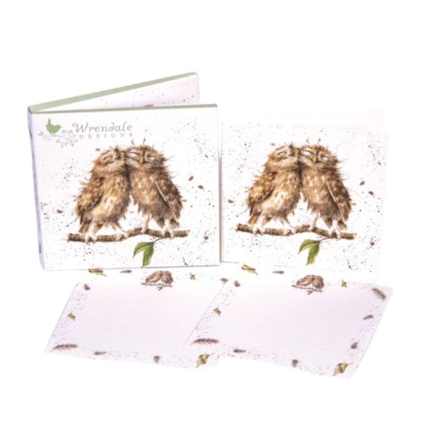 Wrendale Birds of a Feather notecard pack featuring two owls on textured square cards with envelopes