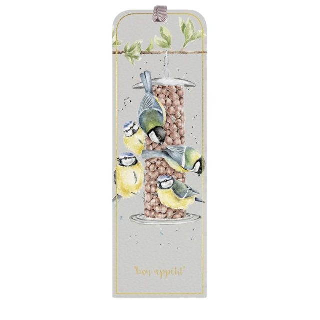 Wrendale 'Bon Appétit' bird Bookmark Wrendale Bon Appétit Bird Bookmark with gold foil featuring birds on a seed feeder and ribbon top