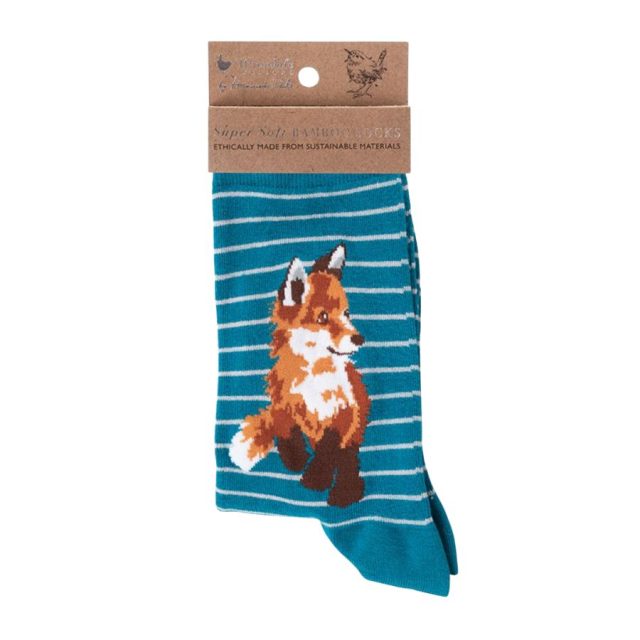 Blue striped socks featuring a detailed fox design with packaging label